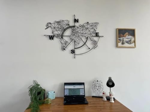 Metal World Map Wall Art Geometric Compass, Wall Decor Art Work, Metal Sign, Home Living Room Decoration, Black (55"W x 41"H / 140x104 cm) - size: 55"L x 41"W