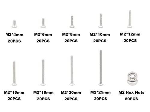 260PCS Metric M2 Stainless Steel Phillips Flat Head Machine Screws Hex Nuts Assortment Kit - size: M2