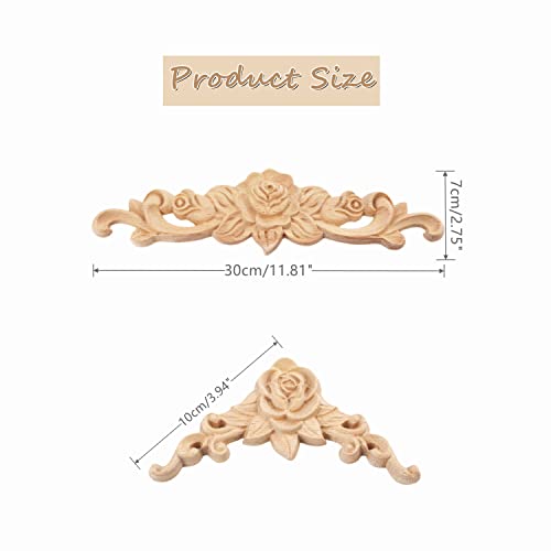 Wood Rose Appliques Onlays Set, 5Pcs Unpainted Decorative Carved Decals - size: Medium