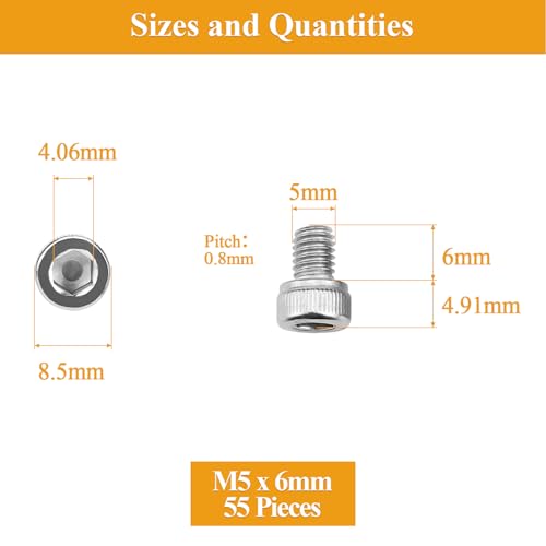 55 Pieces M5 x 6mm Socket Head Cap Screws, Thread Pitch 0.8mm, Sutemribor M5 Screws, 304 Stainless Steel, Fully Threaded, Silver - size: M5 x 6mm, style: Socket Head