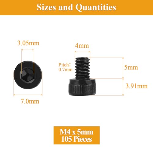 105 Pieces M4 x 5mm Socket Head Cap Screws, Thread Pitch 0.7mm, Sutemribor M4 Black Screws, 12.9 Grade Alloy Steel, Black Oxide Finish, Fully Threaded - size: M4 x 5mm, style: Socket Head