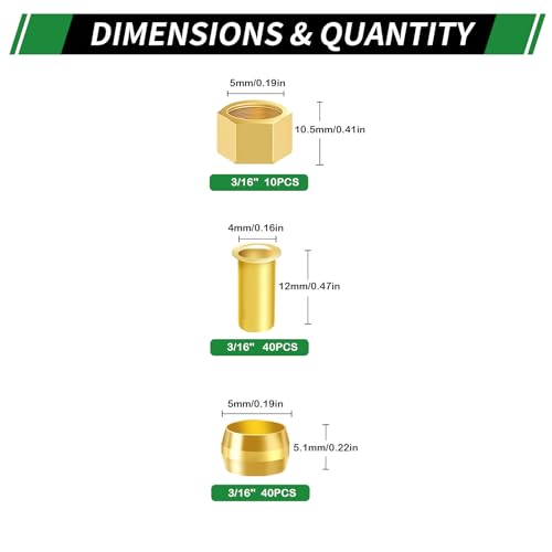 90pcs 3/16" Brass Compression Sleeves Ferrules Inserts Nuts Kit - color: 90PCS 3/16"