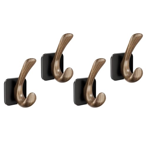 4 Pack Adhesive Wall Hooks for Hanging 22LB Heavy Duty, Wood Grain Waterproof Hooks for Coat Hat Tote Bag & Home Organization (4, Black) - color: Black