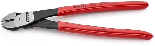 KNIPEX Tools - High Leverage Diagonal Cutters, 12 Degree Angled (7421250SBA), Red, 10 inches | 10" High Leverage Angle Diagonal Cutters - Heavy-Duty Chrome Vanadium Steel