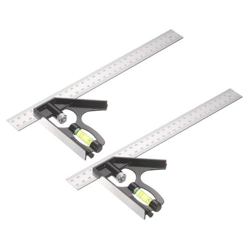 HARFINGTON 2Pcs Combination Square Ruler 12" / 300mm Metric Stainless Steel Carpenter Combo Square Metal Woodworking Measure Tools with Bubble Level for Metalworking and Carpentry, Silver