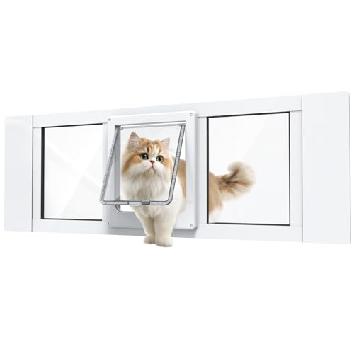 Cat Door for Window, Aluminum Cat Door Window Insert with 4 Secure Lock Modes, Magnectic Closure for Cats, Fit Window Width 36"-40", White - size: Extra Large