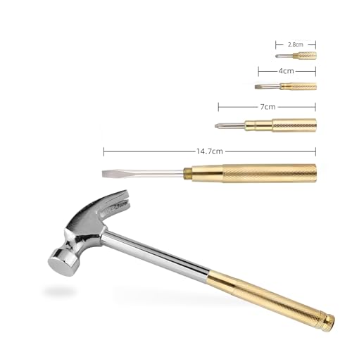 Small Metal Hammer 6 in 1 with Slotted/Flat Head Phillips Screwdriver Claw Hammer Manual, Portable Multifunction Tool Hammer (Gold Silver) - color: Gold Silver