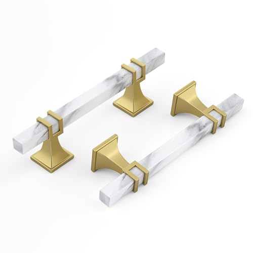 10 Pack 3-3/4 Inch White Marble Cabinet Pulls, Gold Cabinet Handles Marble Grain and Gold Pulls, Kitchen Cabinet Handles Square Dresser Drawer Pulls Kitchen Hardware - color: White Marble & Matte Gold, size: 3-3/4 inch (96mm) Hole Center Pull