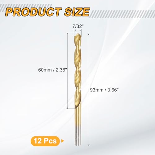 uxcell 12pcs Titanium Twist Drill Bit 7/32" Drilling Dia High Speed Steel Drills for Hardened Metal, Stainless Steel, Cast Iron, Wood, Plastic - size: 7/32 inch
