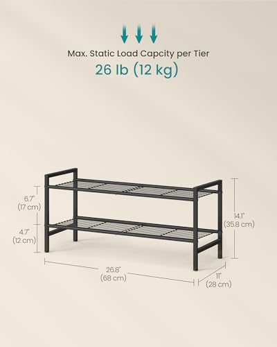 SONGMICS 2-Tier Metal Shoe Rack, Vertical Shelf, Holds up to 12 Pairs - color: Black, size: 2 Tiers (11"D x 26.8"W)