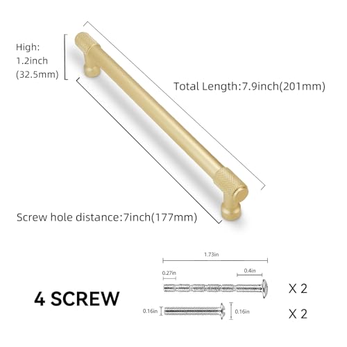 10 Pack 7Inch(177mm) Brushed Brass Kitchen Cabinet Handles Knurled Cabinet Pulls Gold Drawer Pulls Cabinet Hardware Kitchen Handles Drawer Pulls Dresser Handles - color: Brushed Brass, size: 7" Hole Center