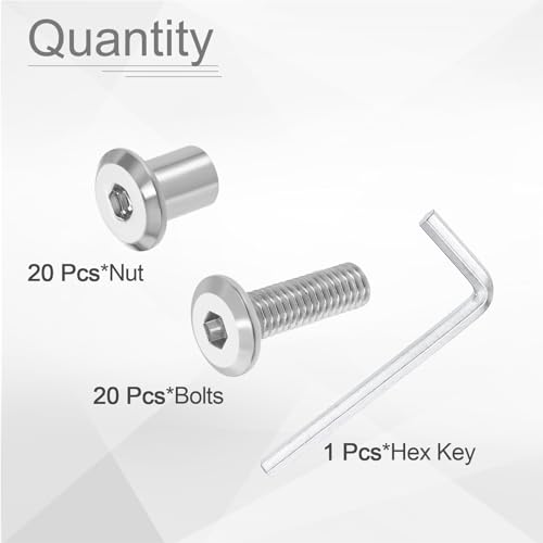 HARFINGTON 20 Set M6x20mm Hex Drive Socket Cap Bolt and M6x10mm Nuts with M4 Hex Wrench, Furniture Connector Bolts and Screws for Furniture Countersunk Belt, Silver - size: M6x20mm, M6x10mm
