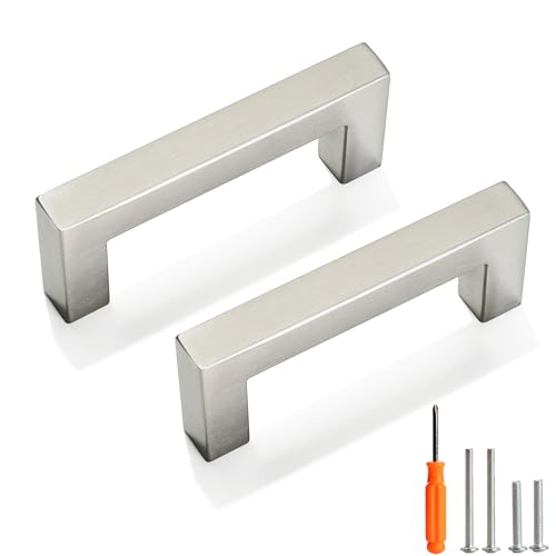 Cabinet Pulls Brushed Nickel Cabinet Handles Square Drawer Pulls, 5 Pack 3 Inch Stainless Steel Kitchen Door Cupboard Cabinet Handles, Cabinet Hardware Drawer Handles, 76mm Hole Centers - color: Brushed Nickel, size: Two Hole - 3 inch Hole Centers(76mm)