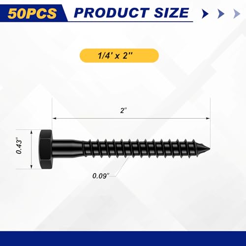 Zonon 50 Pcs 1/4" X 2" Hex Head Lag Bolts Screws with Washers, Black - color: Black, size: 1/4" X 2"