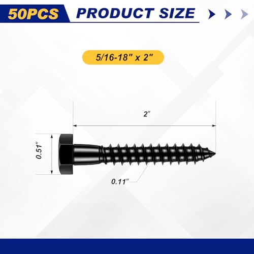 Zonon 50 Pcs 5/16-18 x 2" Hex Head Lag Bolts Screws with Washers, Black - color: Black, size: 5/16-18 x 2"
