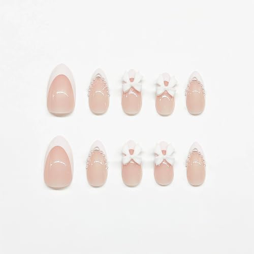 Press on Nails - White Bow Pearl Design Medium French Tip Fake Nails with Embossed Flower Designs, Glossy Finish Reusable False Nails with Glue Tabs - 24Pcs Nail Kit - color: white bow pearl