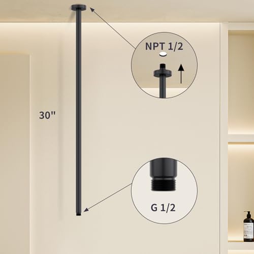 Matte Black 30 Inches Ceiling Mount Round Shower Arm With Flange Straight Extender Extension Pipe Replacement Rain Shower Head Straight For Fixed - color: Black