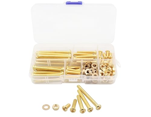 LBY 130pcs Machine Screws Assortment Kit, M5 Phillips Pan Head Bolts, 5 Sizes (with Nuts and Flat Washers), Copper (Yellow) - size: M5