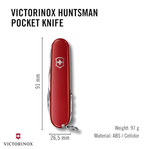 Victorinox Huntsman Swiss Army Knife, 15 Functions, Swiss Made Pocket Knife with Large Blade, Screwdriver, Scissors and Wood Saw - Red - color: Red, style: Single Knife