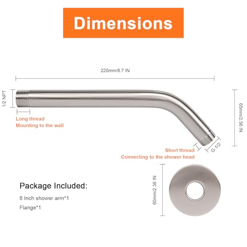 Shower Arm with Flange and Teflon Tape, Wall Mounted Shower Pipe 304 Stainless Steel Extension Arm for Fixed Shower Head & Handheld (8 Inch, Brushed Nickel) - color: Brushed Nickel, style: 8 Inch