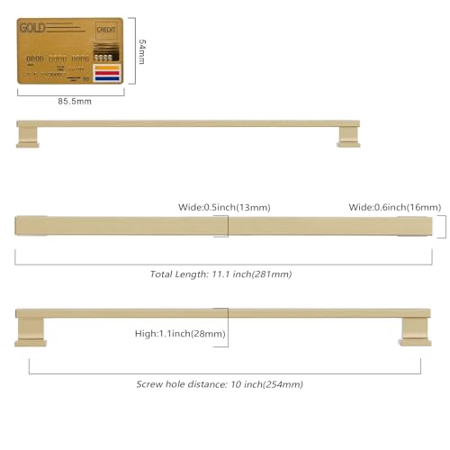 Amerdeco 10 Pack Heavy Duty Solid Brushed Brass Cabinet Pulls 10" - color: Brushed Brass, size: 10" hole center