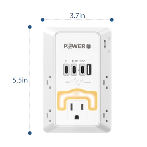 20W PD Fast Charging Wall Outlet with USB Ports (3C1A), Electrical Outlet Extender with Night Light, Surge Protector, Wall Plug Adapter for Multiple Devices, Wall Socket Expander - size: PDL-3C1A