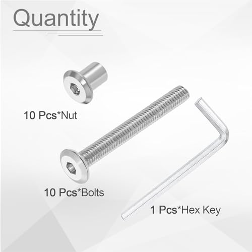 HARFINGTON 10 Set M6x50mm Hex Drive Socket Cap Bolt and M6x10mm Nuts with M4 Hex Wrench, Furniture Connector Bolts and Screws for Furniture Countersunk Belt, Silver - size: M6x50mm, M6x10mm