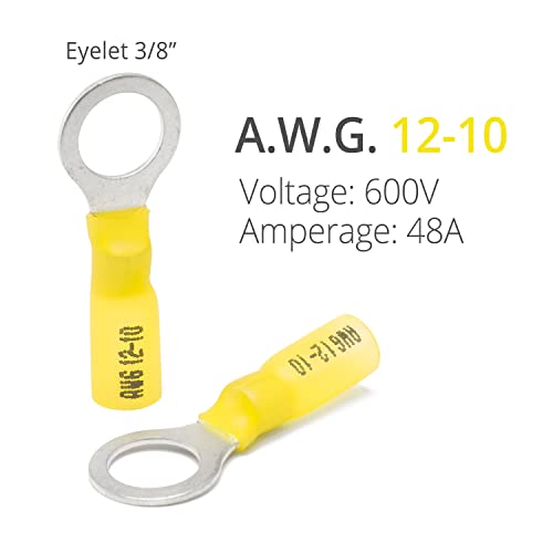 Wirefy 90 PCS Heat Shrink Ring Terminals 3/8" - a Resistant Ring Connectors - Eyelet Wire Connectors - Yellow 10-12 AWG