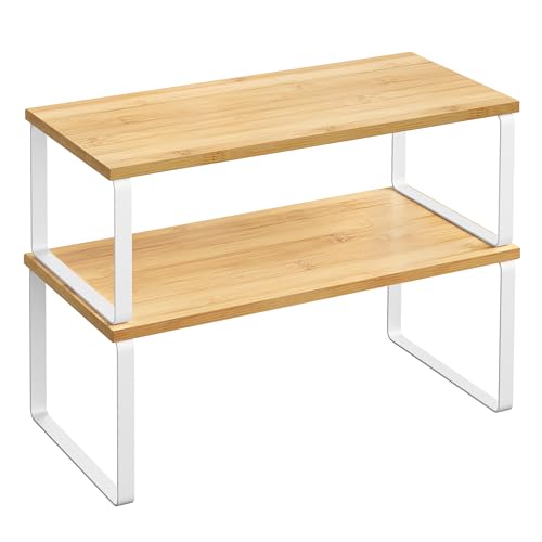 SONGMICS Cabinet Organizer Shelf, Set of 2 Spice Rack, Kitchen Storage - color: Cloud White + Natural Beige, size: 15.6"w