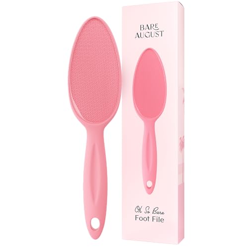 Bare August Glass Foot File Callus Remover for Feet - Heel Scraper & in Shower Foot Scrubber Dead Skin Remover - Pedicure Foot Buffer for Soft Feet (with Handle, Pink) - size: 1 Count (Pack of 1), style: Classic