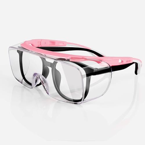 MORK&SUKY Safety Glasses Fit Over Prescription Eyeglasses, ANSI Z87 Certified,Anti-Fog Eye Protection for Men and Women. - color: Pink/White