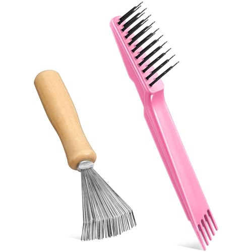 Boao 2 Pack Hair Brush Cleaner,Pink, Wood Color,Polished Wooden Handle Rake - color: Pink, Wood Color, style: Polished Wooden Handle Rake