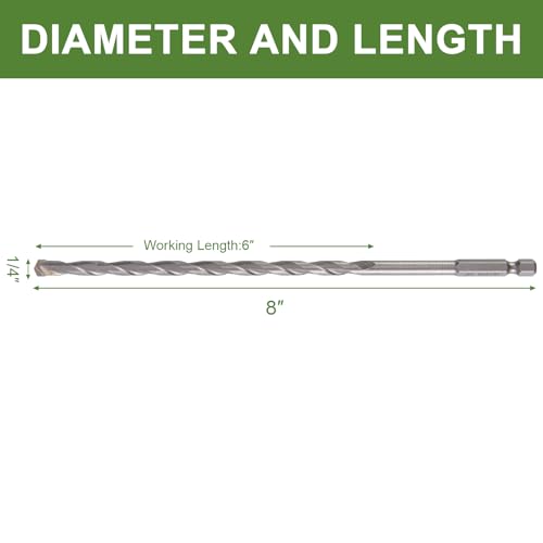 1/4" x 8" Masonry Drill Bits (2 Pack) Concrete Hammer Drill Bits Carbide Tipped, for Cement, Brick, Stone, Hex Shank - size: 1/4" - 2 Pack