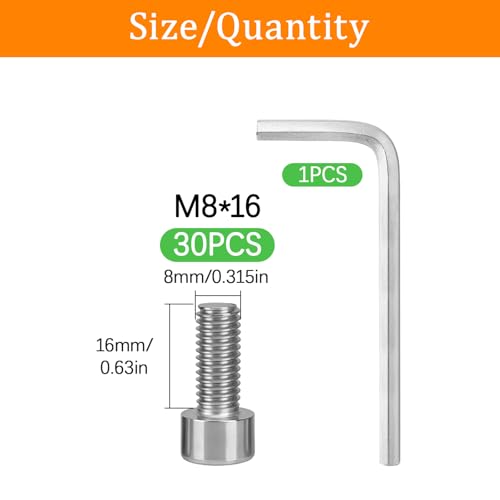 30 Pcs M8 x 16mm Stainless Steel Allen Socket Head Cap Screws, Full Thread Metric Fasteners, Bright Finish for Automotive & Machinery Use - size: M8x16mm-30Pcs