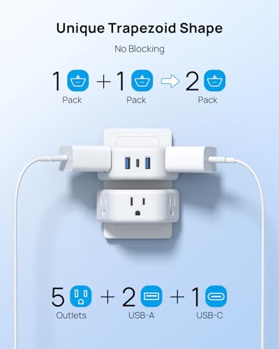 TROND Multi Plug Outlet Extender with USB, 2 Pack Plug Splitter - color: White, size: 3AC & 2A2U1C-3 Prong Plug, 2 Pack