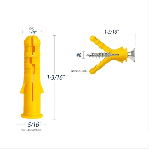 200 Count Premium Plastic Drywall Anchors, 1/4 x 1-3/16 Inch Wall Anchors, 6mm Diameter, Fits #8 x 1-3/16 Inch Screws, Bulk Pack, Screws Not Included (Yellow) - size: 1/4 x 1-3/16"