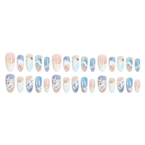 3D Color Press on Nails Almond - Medium Fake Nails with Embossed Starfish&White Bead Designs, Glossy Finish Reusable False Nails for Women Manicure(3D Embossed design 14) - color: 3D Embossed design 14