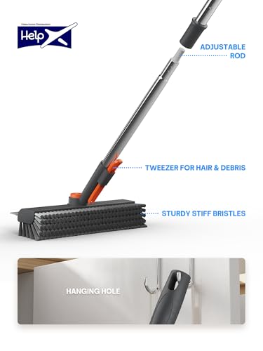 Floor Scrub Brush with Long Handle & Squeegee, 3 in 1 Floor Scrubber - color: Gray