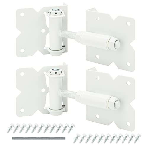 Self Closing Gate Hinges Heavy Duty Hardware Hinges for Wooden/Vinyl/PVC Fences, 90 Degree Adjustable Gate Hinge with Installation Screws and Swing Adjuster Tool, 2 Pack/Set, White - color: White