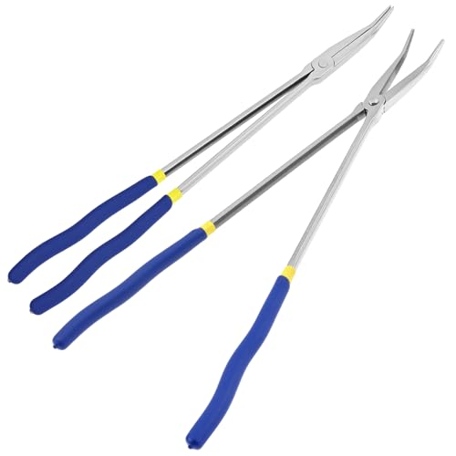 QWORK 16 Inch Long Reach Needle Nose Pliers, 45 Degree Angled Tip, Extra Long Handles, Tight Serrated Jaws for Narrow Spaces, Automotive Mechanic & Machinery Maintenance