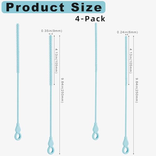 Silicone Straw Cleaner Brush, 4Pcs Reusable Straw Brush Set with Extra-Long Design for Cleaning Thin Metal Straws and Wider Milkshake Straws （6mm+9mm Blue) - color: Blue