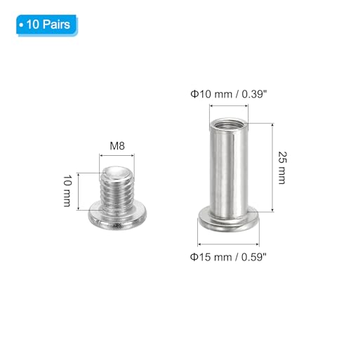 PATIKIL Hex Chicago Screws, 10 Set Binding Screw Posts M8 x 25 mm Connecting Hex Drive Socket Cap Bolt Nuts for Scrapbook Leather Belt Album Photo Furniture Repair, Silver - size: M8 x 25
