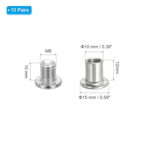 PATIKIL Hex Chicago Screws, 10 Set Binding Screw Posts M8 x 12 mm Connecting Hex Drive Socket Cap Bolt Nuts for Scrapbook Leather Belt Album Photo Furniture Repair, Silver - size: M8 x 12