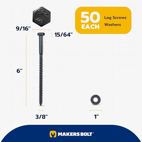 3/8 x 6 (50 Pack) Lag Screw Kit, 50 Screws and 50 Washers, Ceramic Black Ruspert Coating for Exterior Use, Meets ASTM A307 and ASME B18.2.1, Industrial/Commerical Grade by Makers Bolt - size: 3/8 x 6