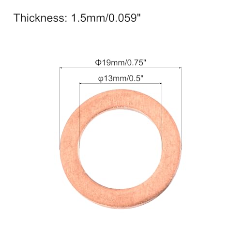 MECCANIXITY 52 Pcs Flat Copper Washers, 13x19x1.5mm Copper Upgraded Flat Metric Sealing Crush Ring Washers for Hydraulic Fittings Screw Bolt Nut Electronic Repair - size: 13x19x1.5mm