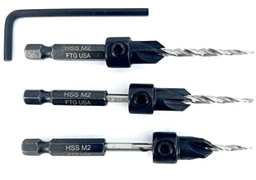 FTG USA #6 (9/64") Wood Countersink Drill Bit 3-Pc Set with Hex Key - size: #6, style: 3 Pc w/o Depth Stop