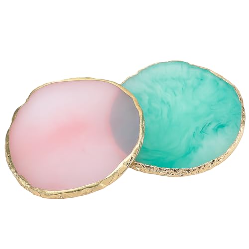2 Pcs Resin Nail Art Palette Set, Green Pink, Gold Edge - color: Pink, Green