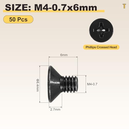 METALLIXITY M4-0.7x6mm Phillips Flat Head Bolts 304 Black 50Pcs - color: Black, size: M4-0.7x6mm