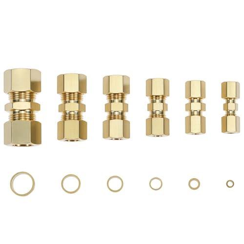 QWORK 46pcs Brass Compression Tube Fittings, 1/8" 3/16" 1/4" 5/16" 3/8" 1/2" OD Straight Union Coupling Assortment Kit for Truck Airlines