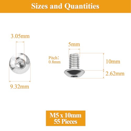 55 Pieces M5 x 10mm Button Head Socket Cap Screws, Thread Pitch 0.8mm, Sutemribor M5 Screws, 304 Stainless Steel, Fully Threaded, Silver - size: M5 x 10mm, style: Button Head